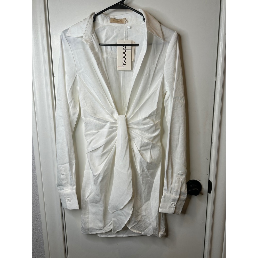 Choosy White Long Sleeve Twist Front Deep V-Neck Mini Shirt Dress Size 0